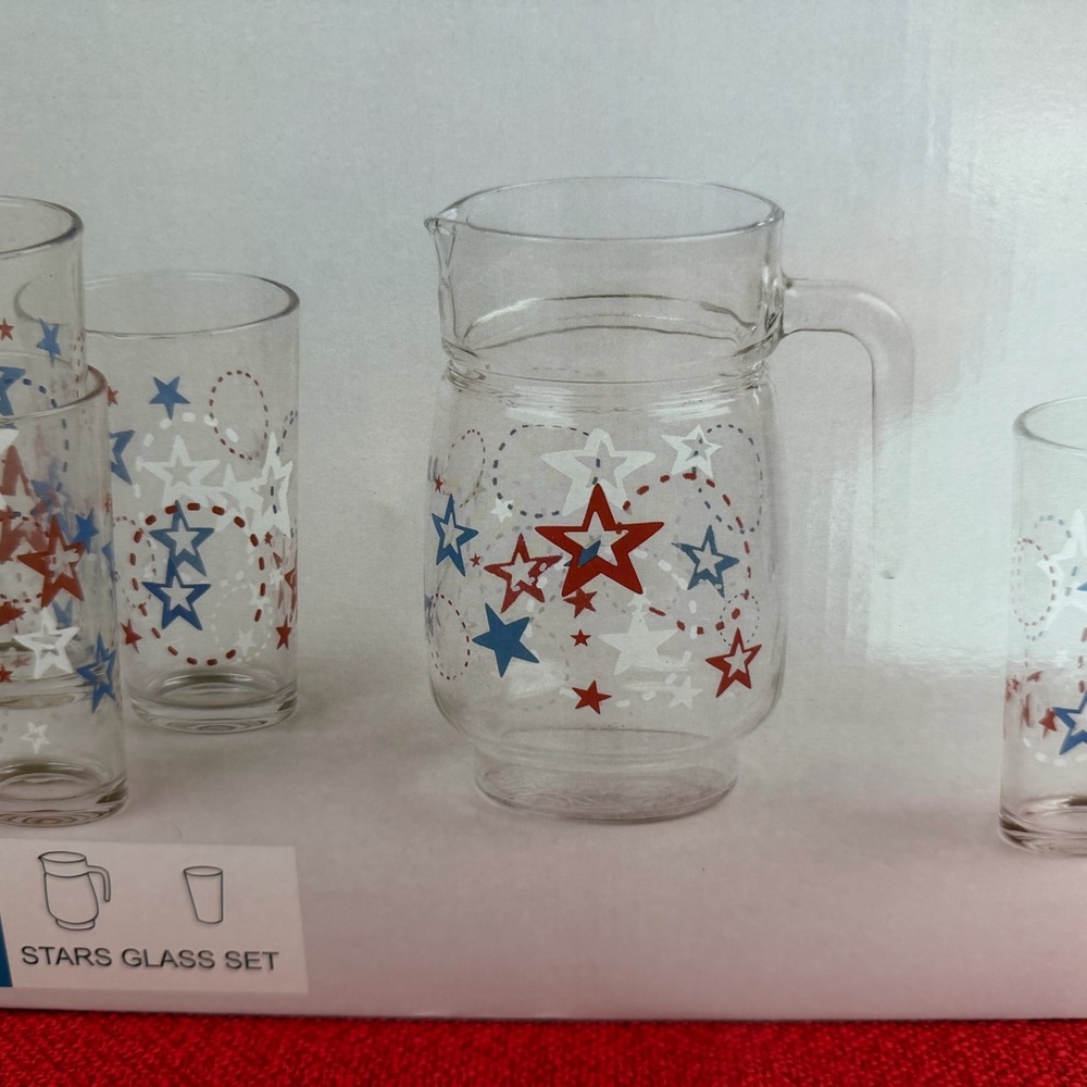 Stars Glass Set with Red and Blue Design July 4th